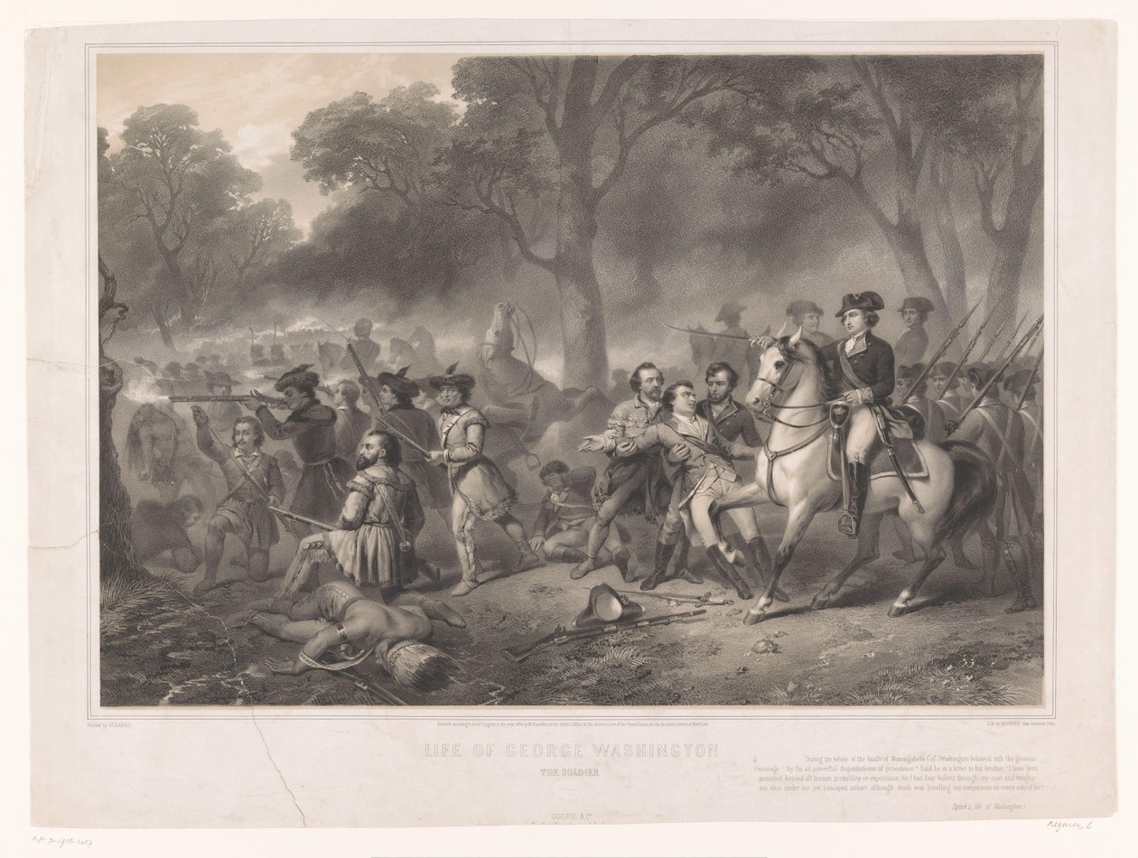 George Washington a Monongahela csatában George Washington, a katona élete (cím a tárgyon) alkotó: Claude Régnier