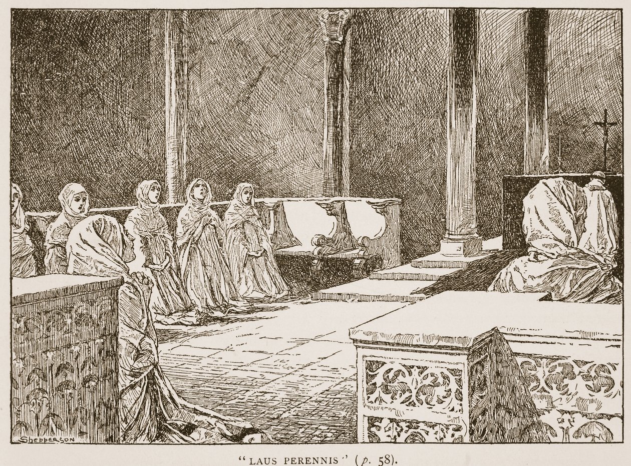 Laus Perennis, illusztráció a „The Church of England: A History for the People” című könyvéből, H.D.M. Spence-Jones, kocsma. 1910 körül (szépia fotó) alkotó: Claude Shepperson