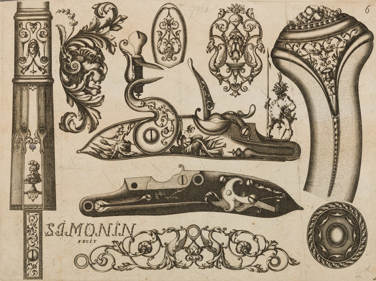 Lőfegyver-dísz metszet, 1693 vagy 1695. alkotó: Claude Simonin