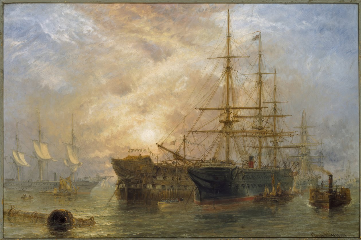 Őfelsége csapathajói üzleteket fogadnak Portsmouthban, Ha alkotó: Claude T. Stanfield Moore