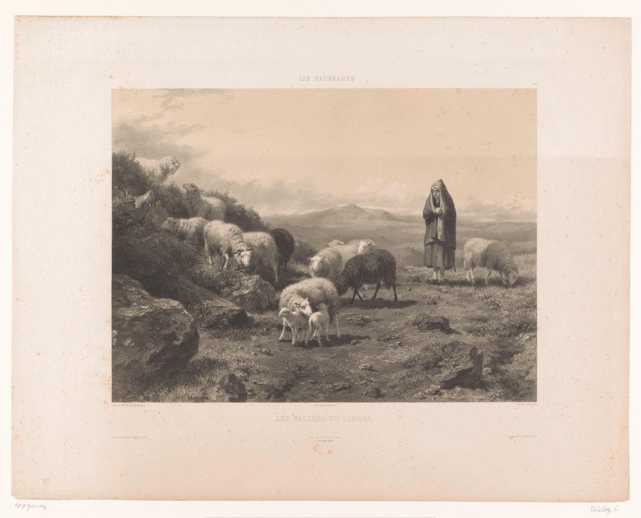 Pásztorlány juhokkal Cantal síkságán Les vallées du Cantal (cím a tárgyon) Legelők (sorozat címe) Les paturages (sorozat címe az objektumon) alkotó: Claude Thielley