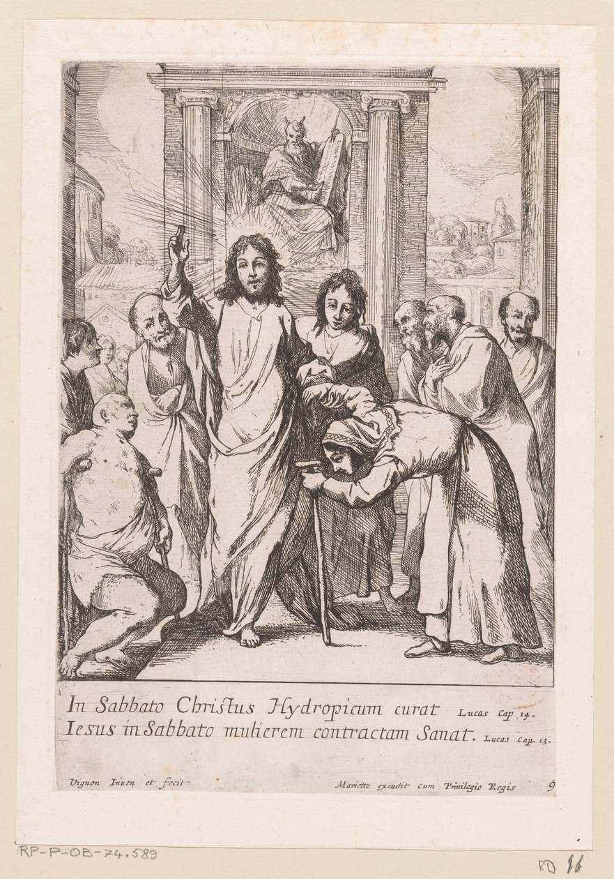 A sánta férfi és a görbe nő gyógyítása szombaton Miracula Domini Nostri Jesu Christi (sorozat címe) Krisztus csodái (sorozat címe) alkotó: Claude Vignon
