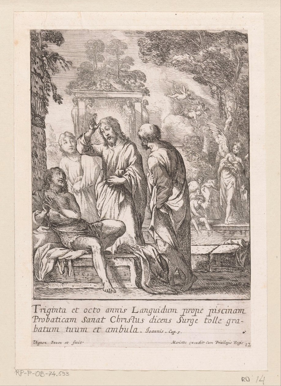 A férfi gyógyulása a Bethesda medencéjénél Miracula Domini Nostri Jesu Christi (sorozat címe) Krisztus csodái (sorozat címe) alkotó: Claude Vignon