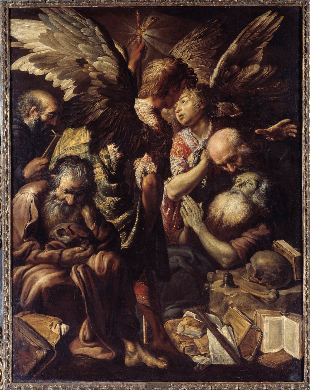 Szent Antal (Nagy Szent Antal, 250/51-356) (vagy Remete Szent Antal vagy Apát Szent Antal) halála. Claude Vignon (1593-1670) festménye (vanite) alkotó: Claude Vignon