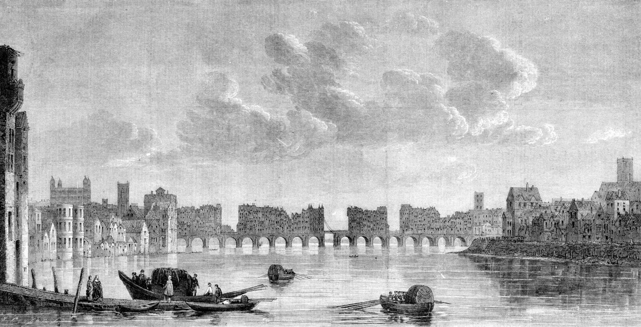 A régi londoni híd az 1666-os nagy tűzvészben elpusztult. Metszet Claude de Jongh festményéről (1650) a South Kensington Múzeumban alkotó: Claude de Jongh
