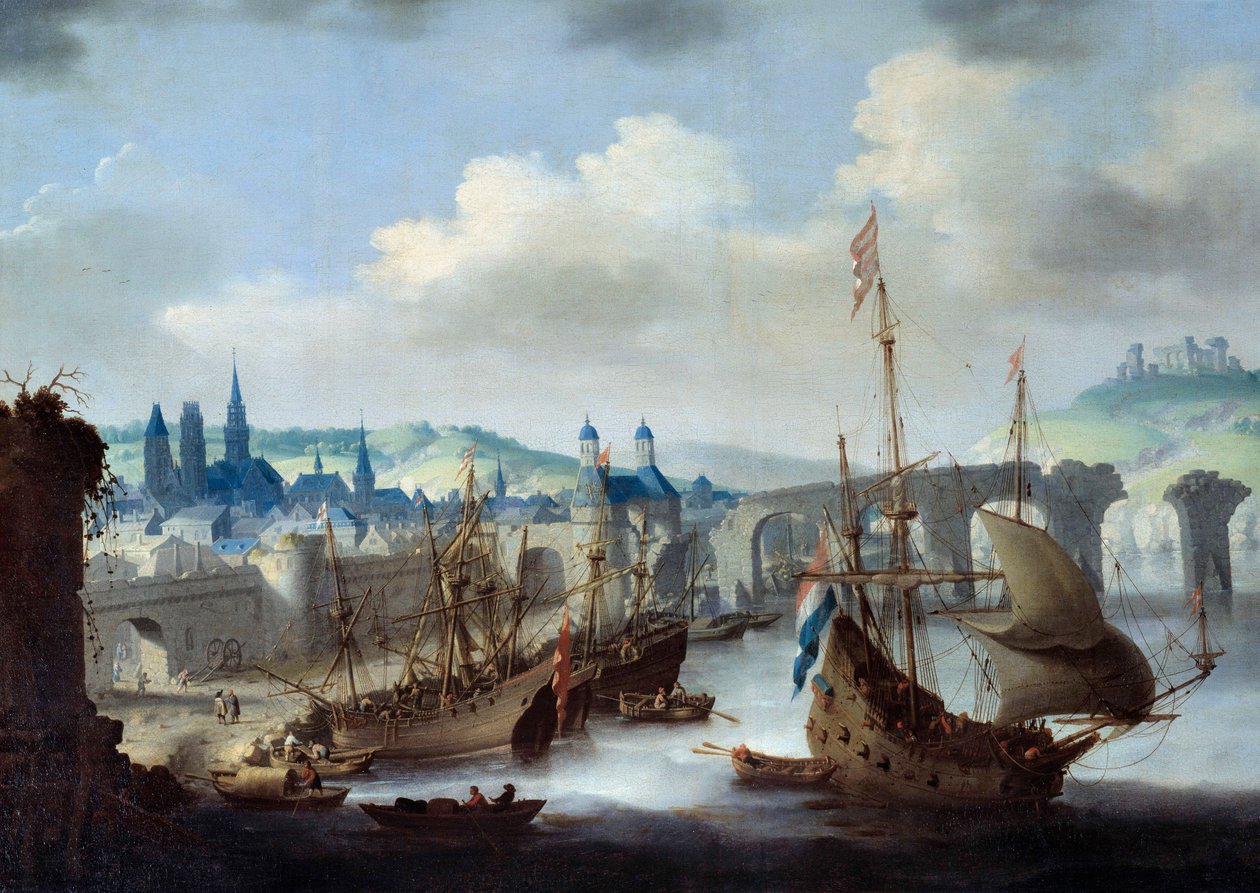 Kilátás Rouen városára A hajók a Szajna partján vannak kikötve. Claude de Jongh festménye alkotó: Claude de Jongh