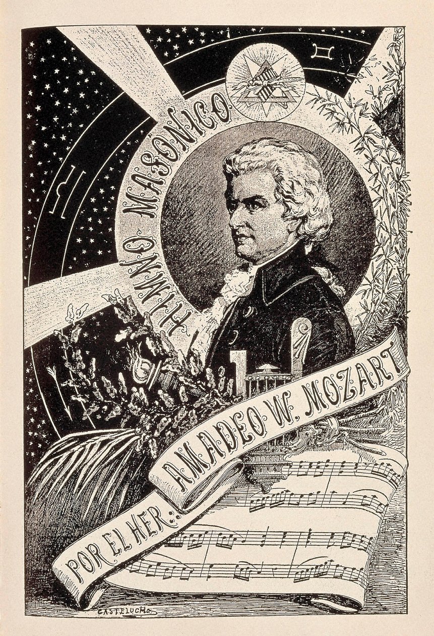 Wolfgang Amadeus Mozart (1756-1791) osztrák zeneszerző, az Encyclopedic Dictionary of Freemasonry nevű szabadkőműves tag ábrázolása, 19. század vége – 20. század eleje (metszet) alkotó: Claudio Castelucho