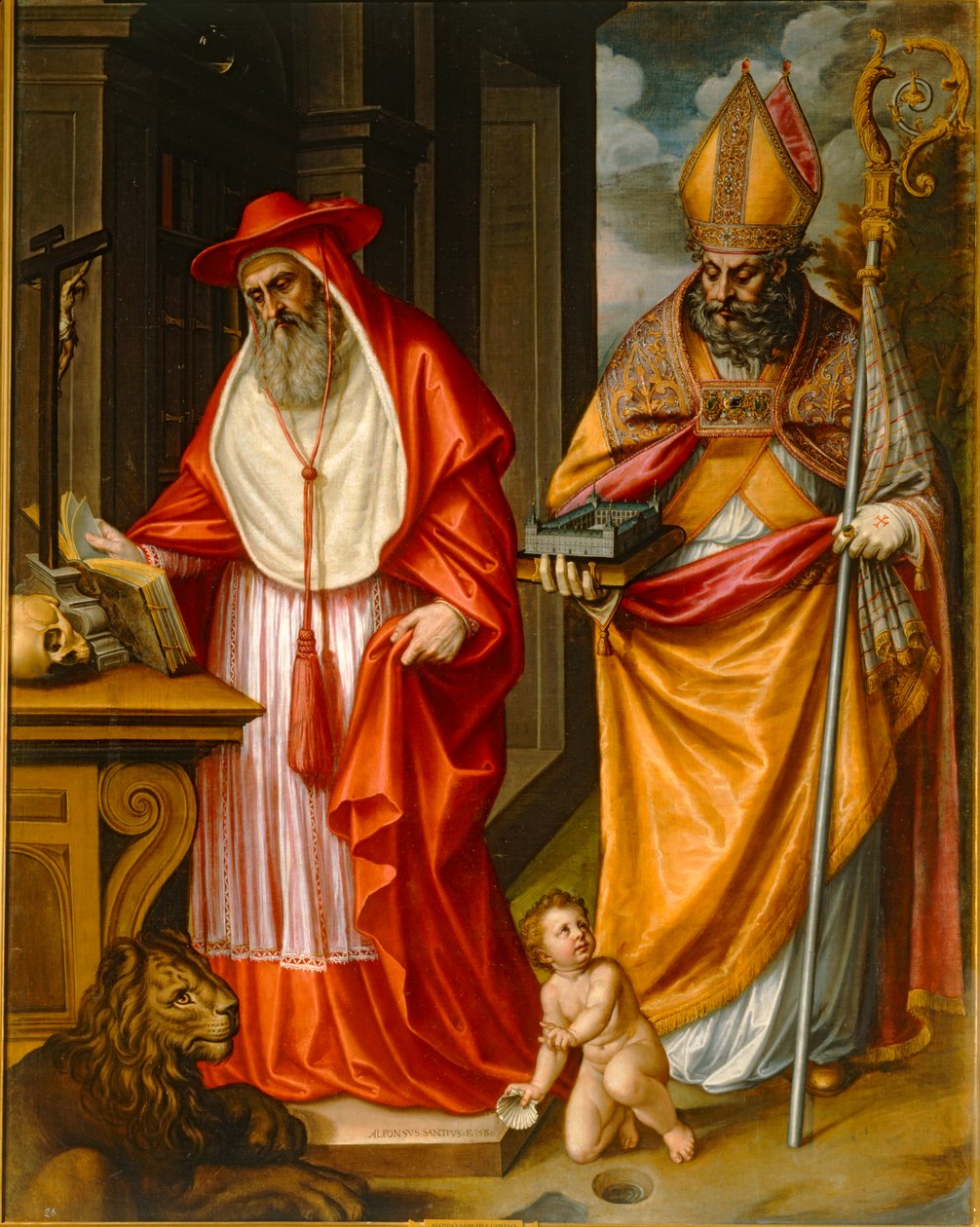 Hieronymus és Augustinus hippói szentek, az egyházatyák, az Escorial modelljével ... alkotó: Claudio Coello