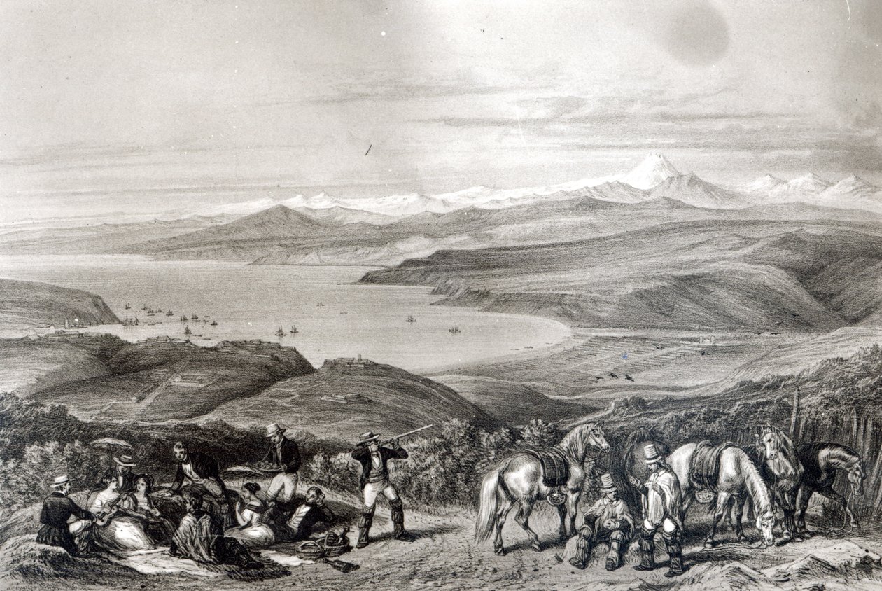 Az Aconcagua vulkán távoli látképe, a "Historia de Chile"-ből, F. Lehnert metszete. alkotó: Claudio Gay
