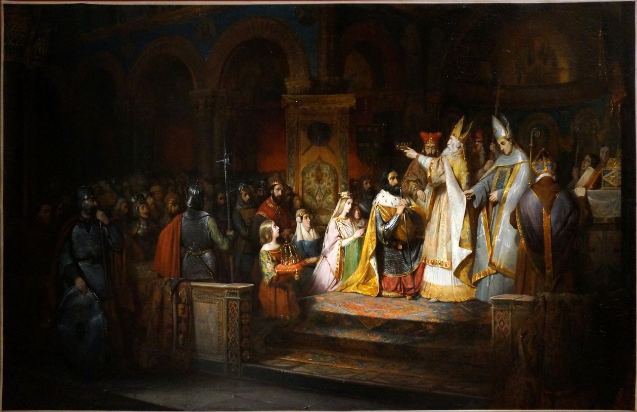 Nagy Károlyt I. Adrianus pápa 774-ben Milánóban Itália királyává koronázza. alkotó: Claudius Jacquand