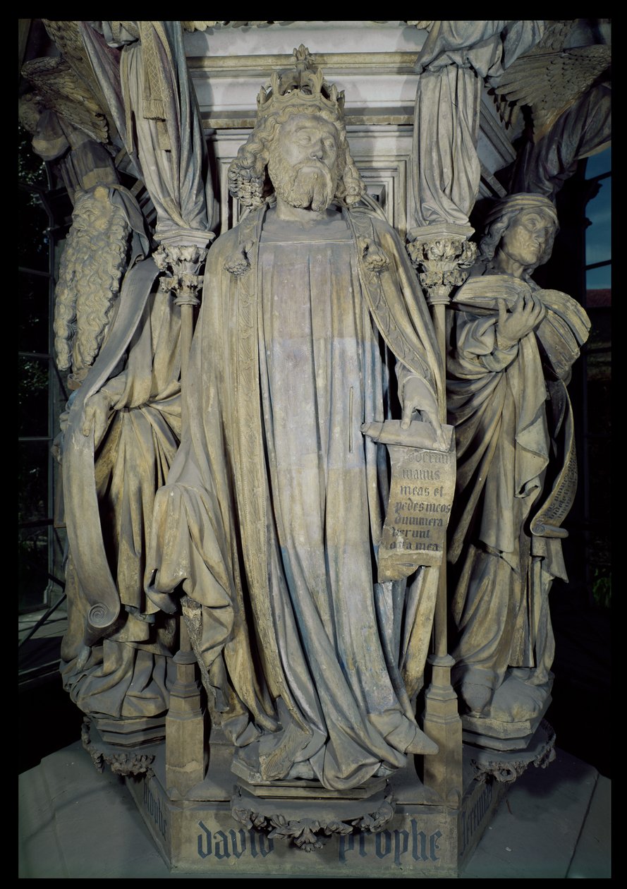 Dávid király, Mózes (balra) és Jeremiás (jobbra), a Mózes-kút hatszögletű talapzatának részlete, 1395-1404 (a részleteket lásd: 86118) alkotó: Claus and Malouel, Jean Sluter
