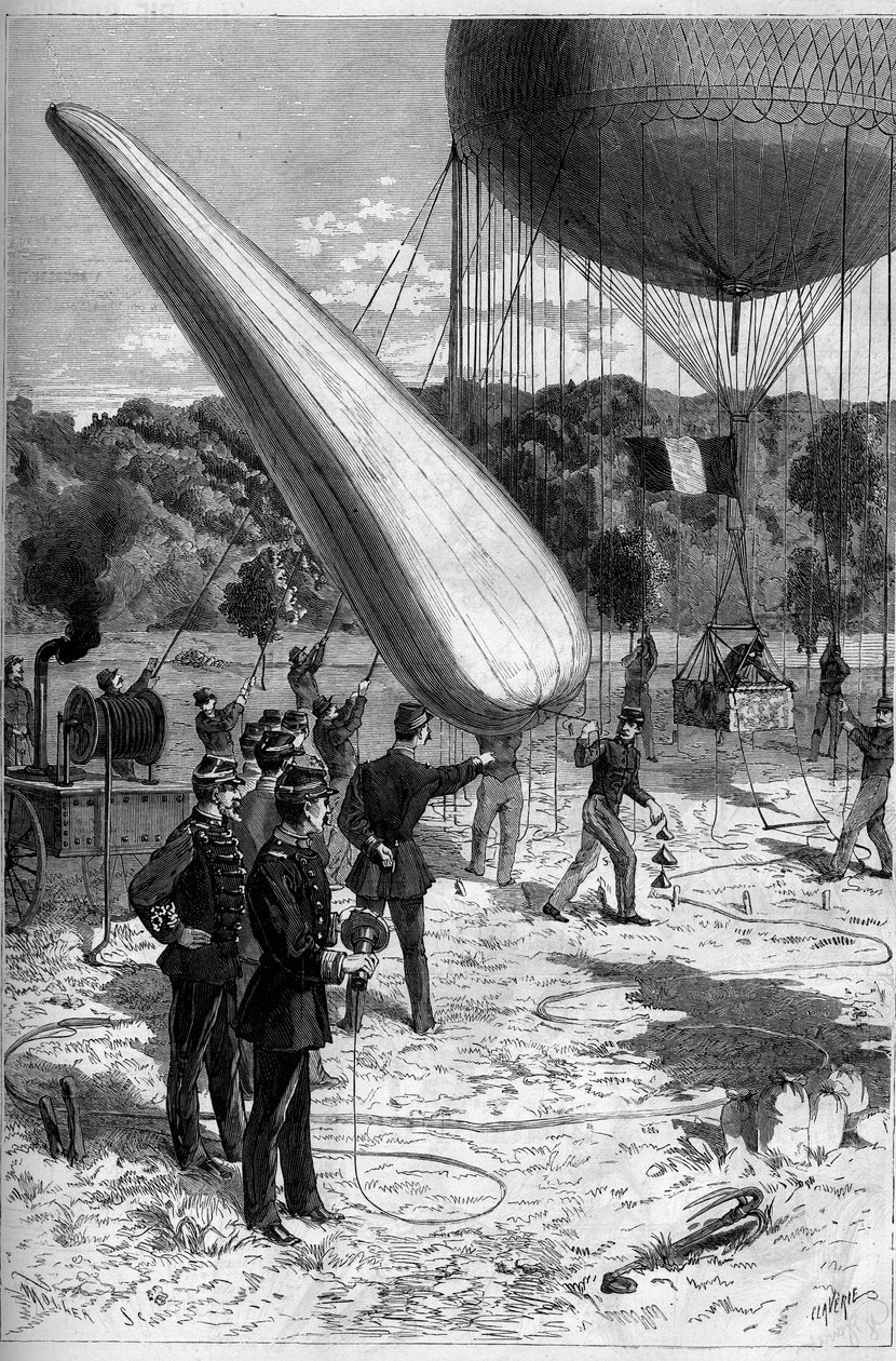 Katonai aerosztátok: telefonos tapasztalatok a Meudon létrehozásában. Claverie metszete a „” Le Monde Illustré”” 1331-es számában, szeptember 30. alkotó: Claverie