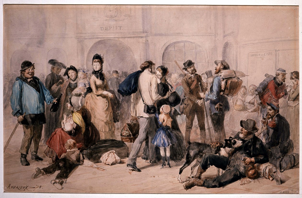 Tömeg a Gare de Lyon halljában Andrieuxtól alkotó: Clément Auguste Andrieux