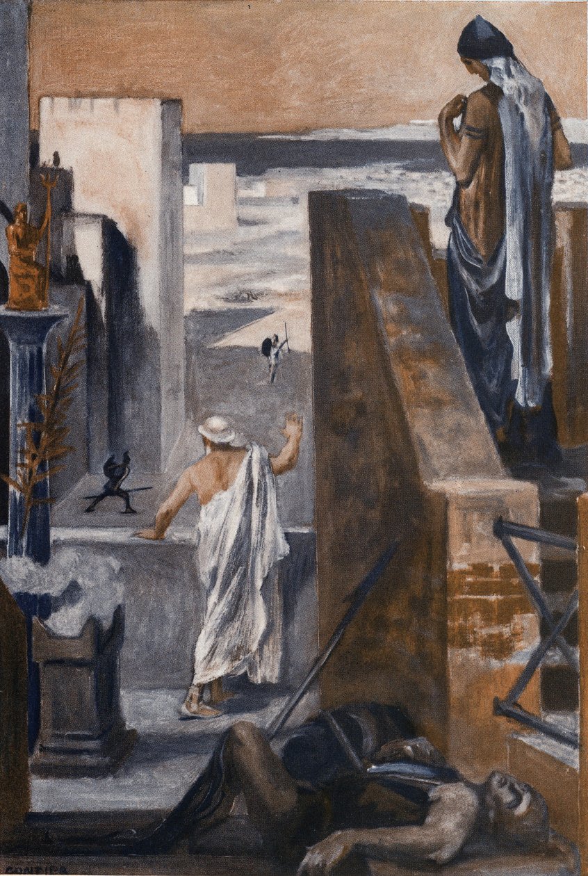 Hector szülei könyörögnek neki, hogy kerülje el a harcot. Clement Gontier (1876-1918) illusztrációja Homere „The Ilias” (Omero) című művéhez. Paris, Henri Laurens alkotó: Clement Gontier