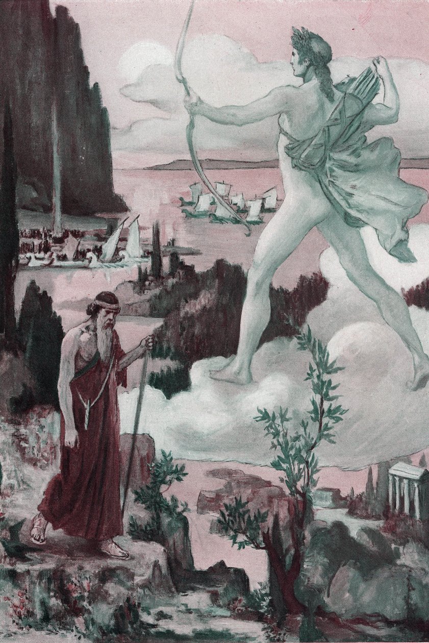 Felhívás. Apollón haragja: Chryses pap megszólítja Apollót, és azt mondja: „Vessétek el a görögöket a ti nyilaitok által a könnyektől, amiket ejtenek!” . Clement Gontier (1876-1918) illusztrációja Homere „The Ilias” (Omero) című művéhez. Paris, Henri Laure alkotó: Clement Gontier
