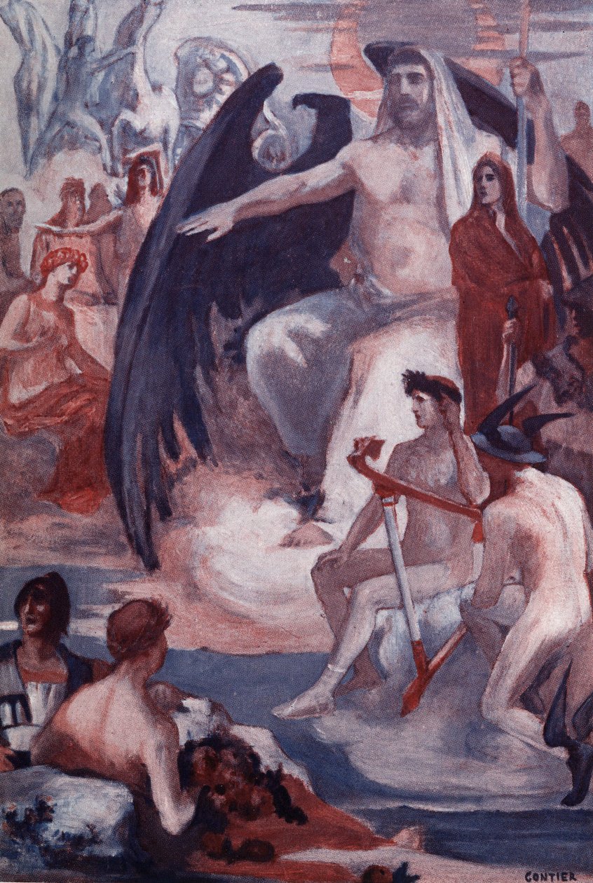 Jupiter védelme a trójaiak vagy a görögök megmentésére. Clement Gontier (1876-1918) illusztrációja Homere „The Ilias” (Omero) című művéhez. Paris, Henri Laurens alkotó: Clement Gontier