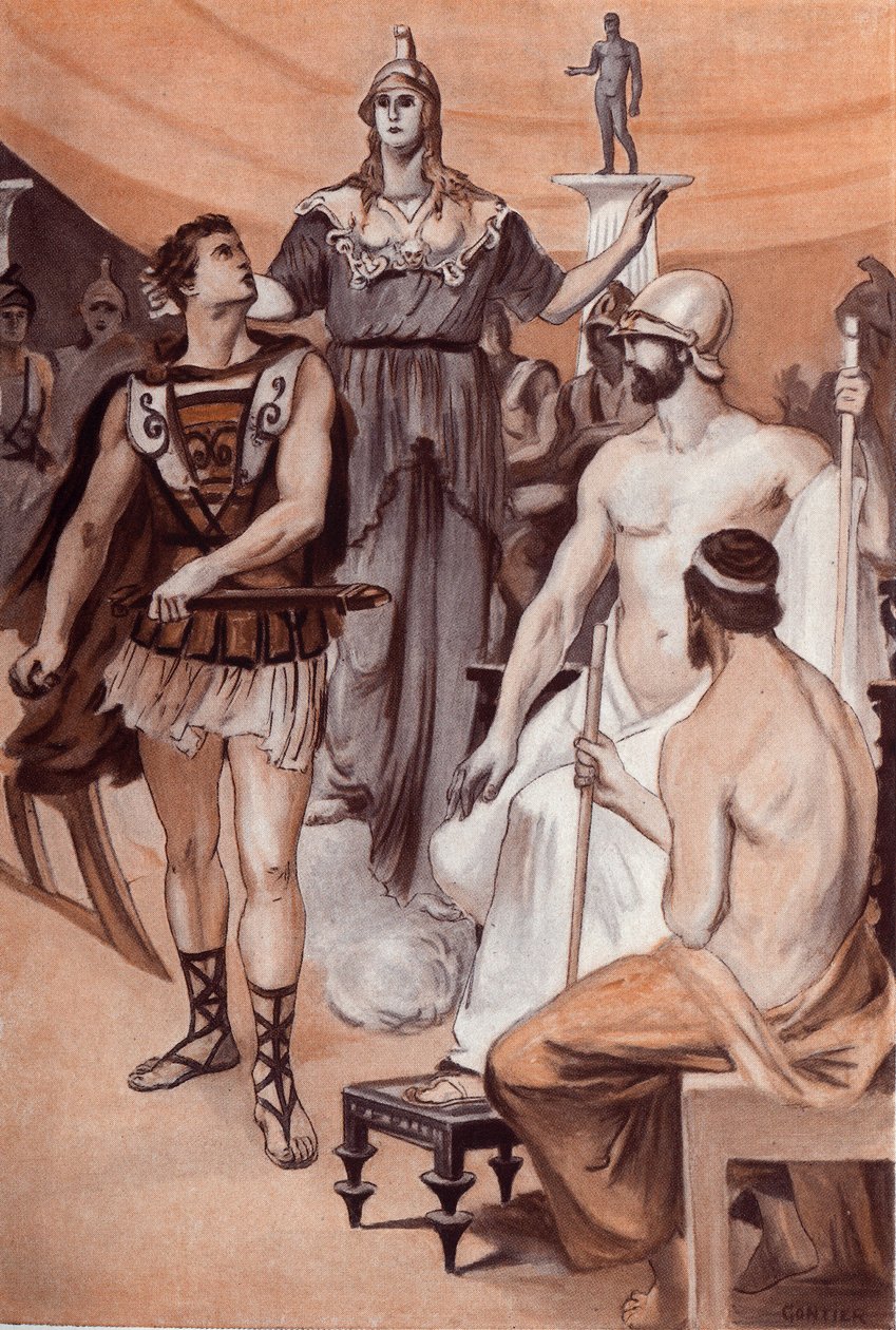 Achilles Querelle és Agamemnon: Az égből alászálló Minerva Akhilleusz mögé lépett, és megragadta a hajánál fogva, nehogy Agamemnon ellen kirántsa a kardját. Illusztráció: Clement Gontier (1876-1918) Homere „The Ilias” (Omer) című művéhez alkotó: Clement Gontier