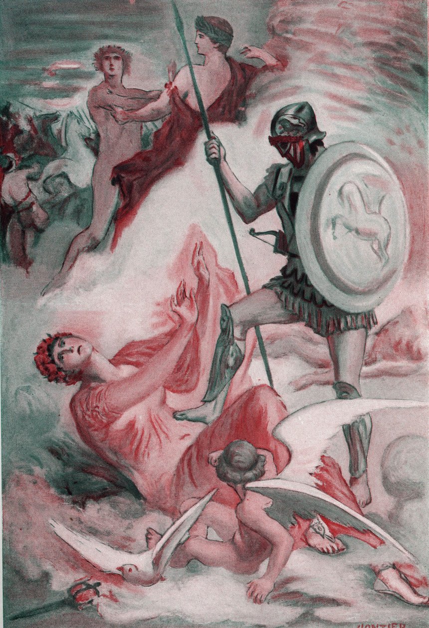 Venust megsebesítette Diomede, amikor fiát, Enee-t próbálta megmenteni. Clement Gontier (1876-1918) illusztrációja Homere „The Ilias” (Omero) című művéhez. Paris, Henri Laurens alkotó: Clement Gontier