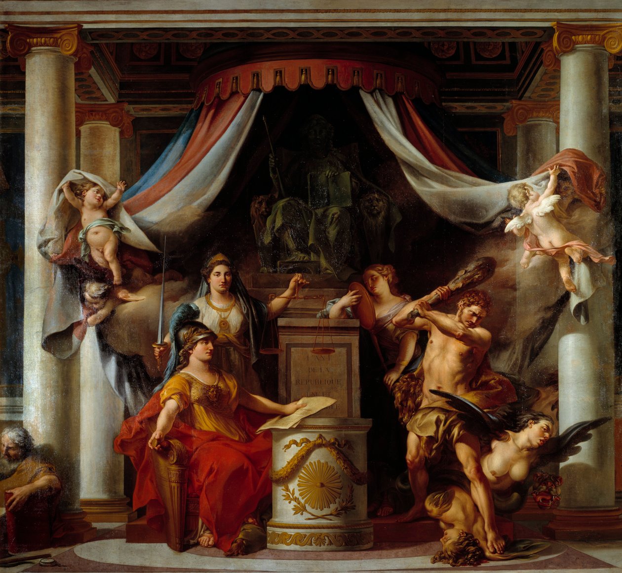 A forradalom allegóriája: középen Minerve átadja Herkulesnek azt a titkot, amely felszámolja az Ancien-rezsim bűneit Clement Belle (1722-1806) festménye 1794 V. 3,56x3,86 m alkotó: Clement Louis Marie Anne Belle