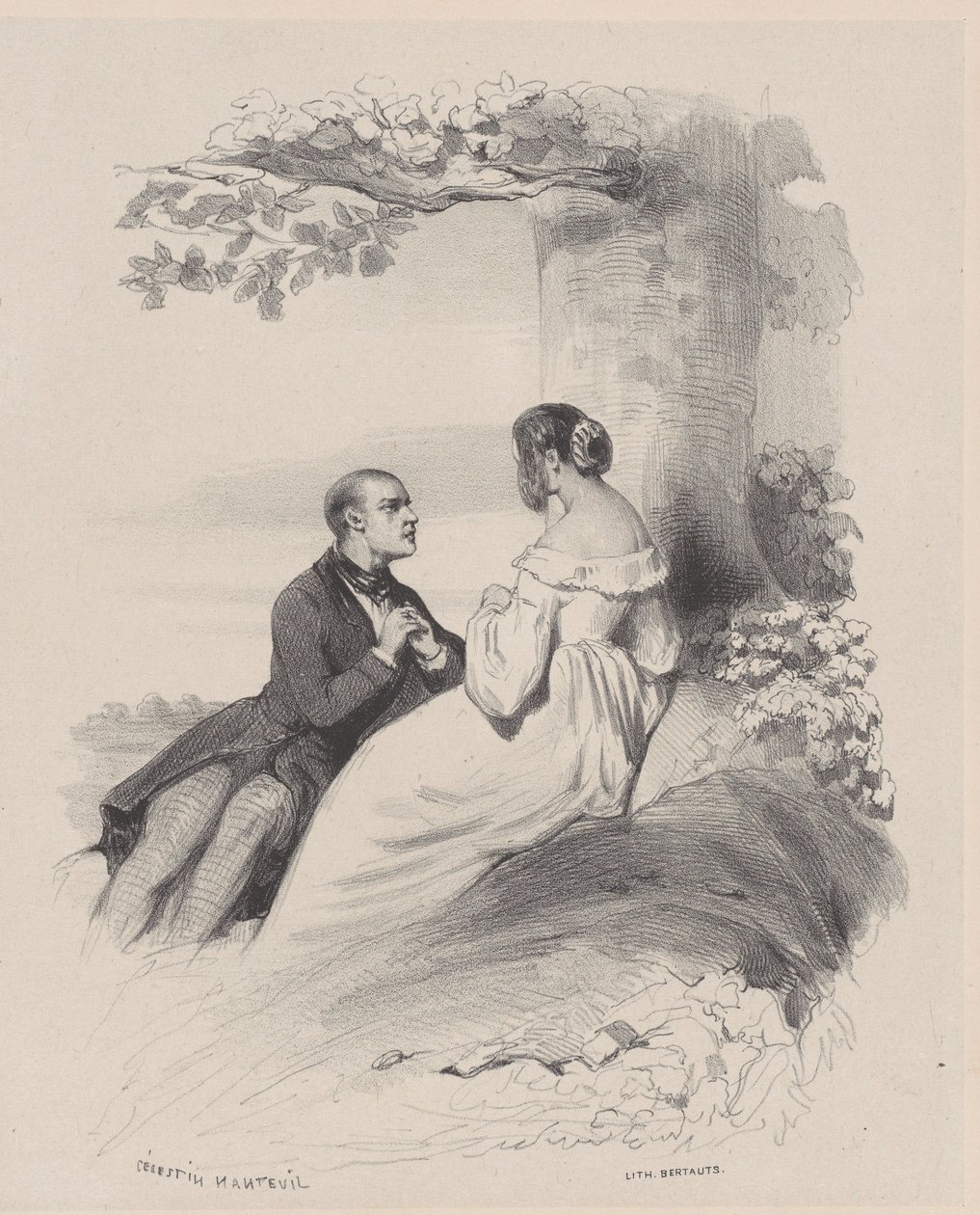 Férfi javaslatot tesz egy nőnek, akinek az arcát szőr takarja, kb. 1830-65. alkotó: Célestin Nanteuil