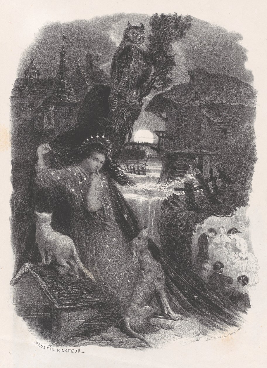 Éjszaka, 18. századi jelmezben rózsát szedő lány matricája a háton, kb. 1830-65. alkotó: Célestin Nanteuil