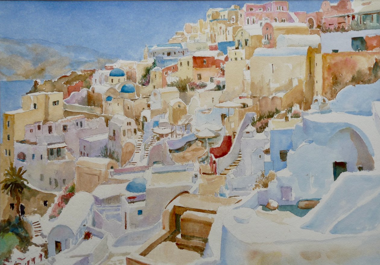 Santorini, Oia, 2019 (akvarell) alkotó: Clive Wilson