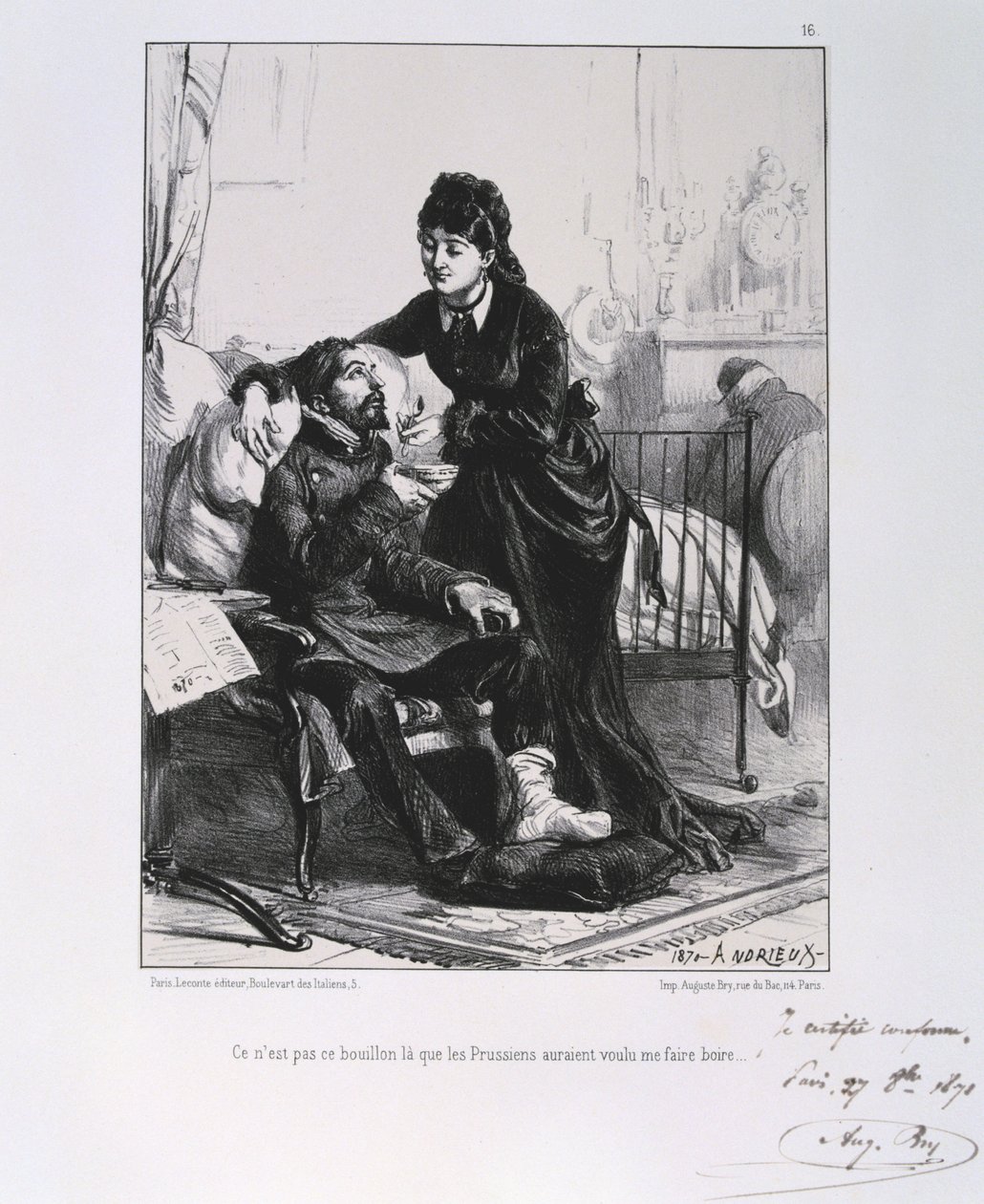 Francia-porosz háború 1870-1871: Egy sebesült katonát ápolnak és táplálnak. Clement August Andrieux litográfiáinak sorozatából a Gardes Nationalesról. alkotó: Clément Auguste Andrieux