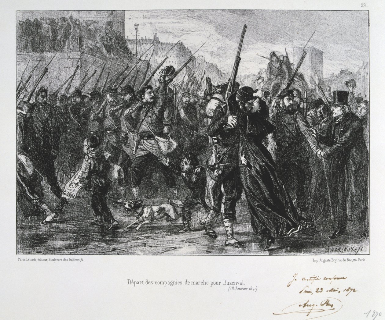 Francia-porosz háború 1870-1871: Buzenval-i csata (Mount Valerien) Versailles mellett, 1871. január 19. Garde National menetel a csatába és vereségbe. Clement August Andrieux litográfiáinak sorozatából a Gardes Nationalesról. alkotó: Clément Auguste Andrieux