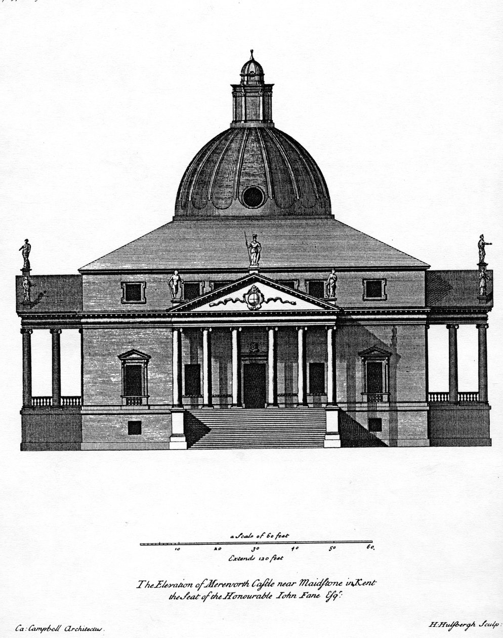 A Mereworth-kastély domborzata, H. Hulsbergh metszete, 1722-24 alkotó: Colen Campbell