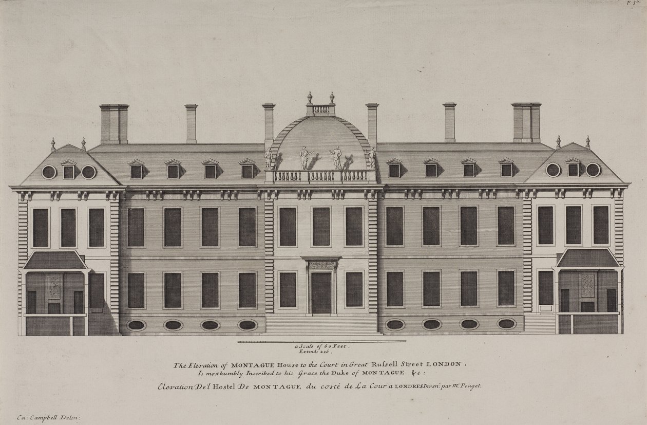 A Montague House felemelése a Great Russell Street udvarába, Holborn, 1725 körül (metszet) alkotó: Colen Campbell