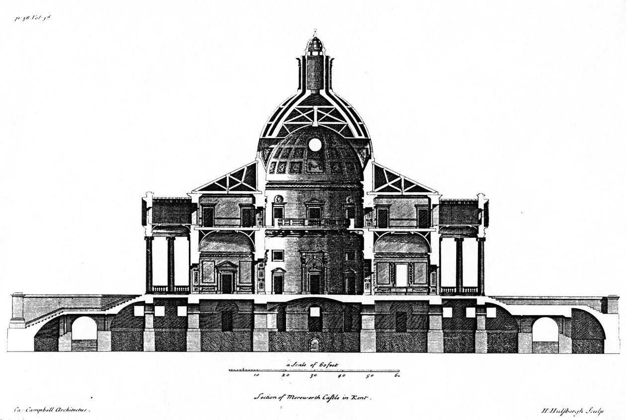 A kenti Mereworth kastély metszete, H. Hulsbergh, 1722-24 körül alkotó: Colen Campbell