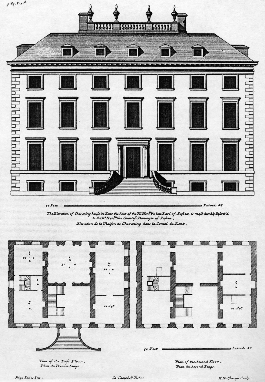 The Elevation of Chevening House in Kent, metszett H. Hillsburgh, illusztráció: „Colen Campbell Vitruvius Britannicus”, megjelent 1715-1725 körül alkotó: Colen Campbell