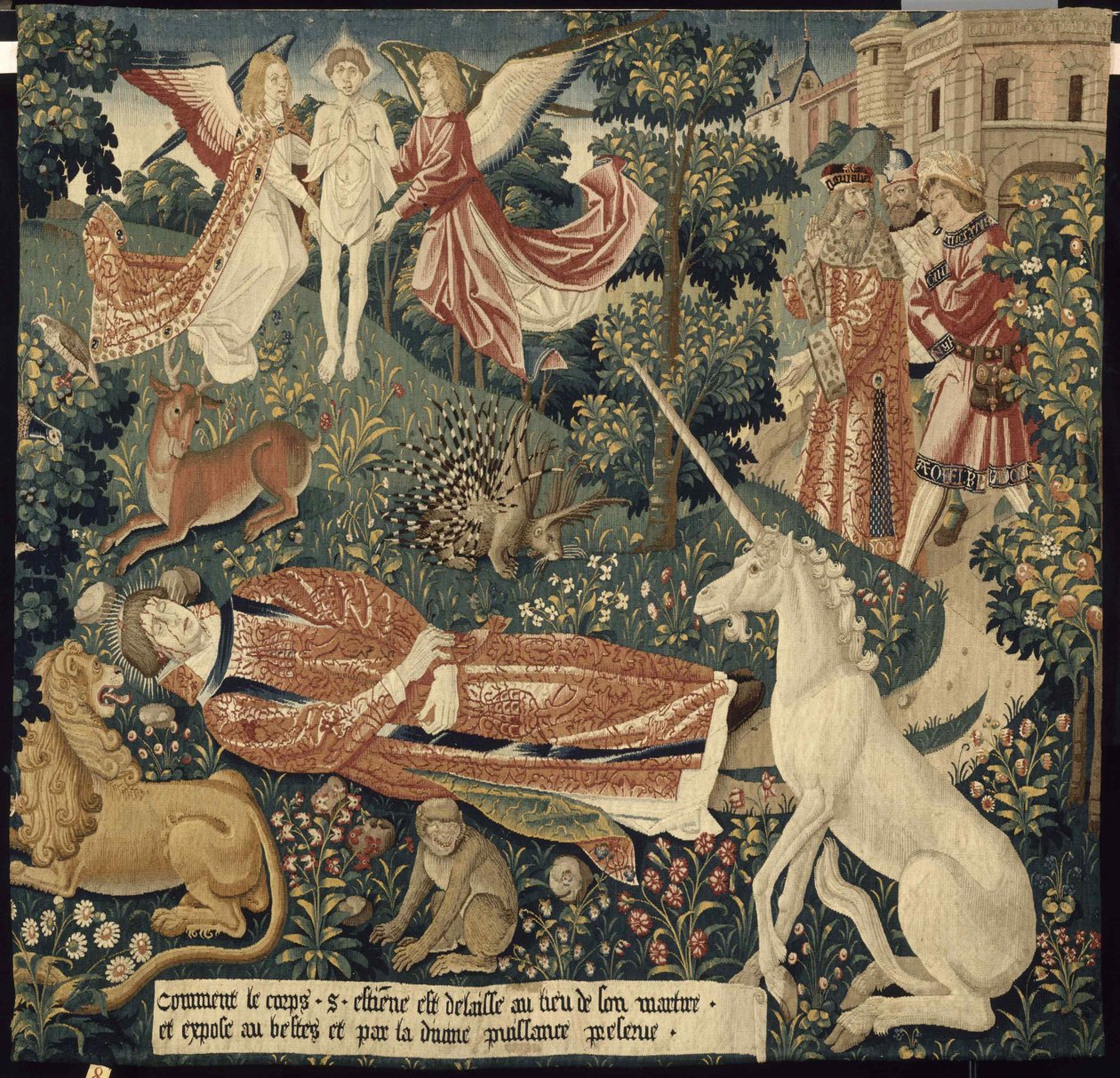 Egyszarvú. Innen: Szent István akasztása. 8. jelenet: A vadállatoknak kitett mártír teste, c. 1500. alkotó: Colijn de Coter after