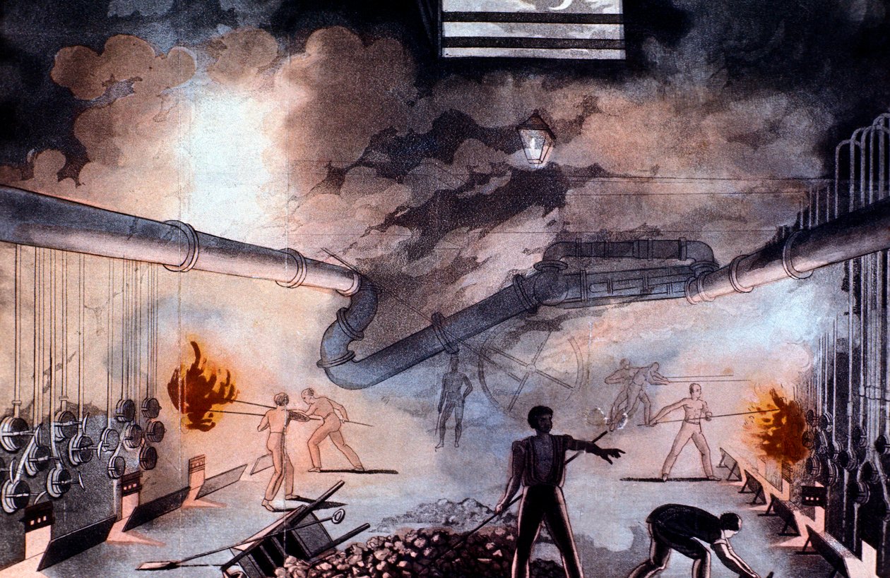 Töltési retorták a Gas Light Establishmentnél, Brick Lane, London, 1822 alkotó: Colin Mackenzie