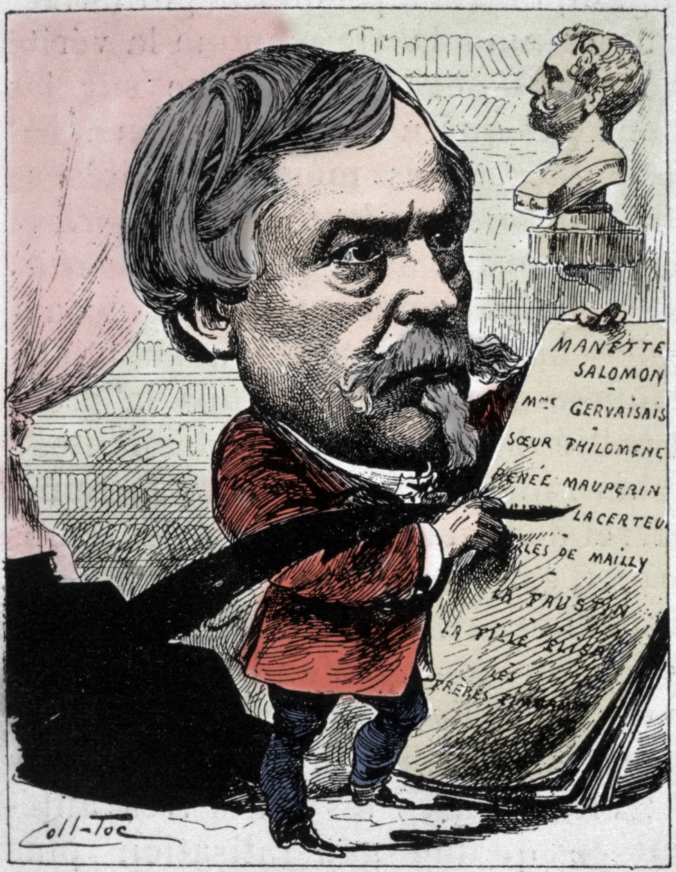 Edmond de Goncourt írót (1822-1896) ábrázoló rajzfilm Coll-Toc (Collignon és Tocqueville) „A mai férfiak” című rajzából. 1892 alkotó: Coll Toc