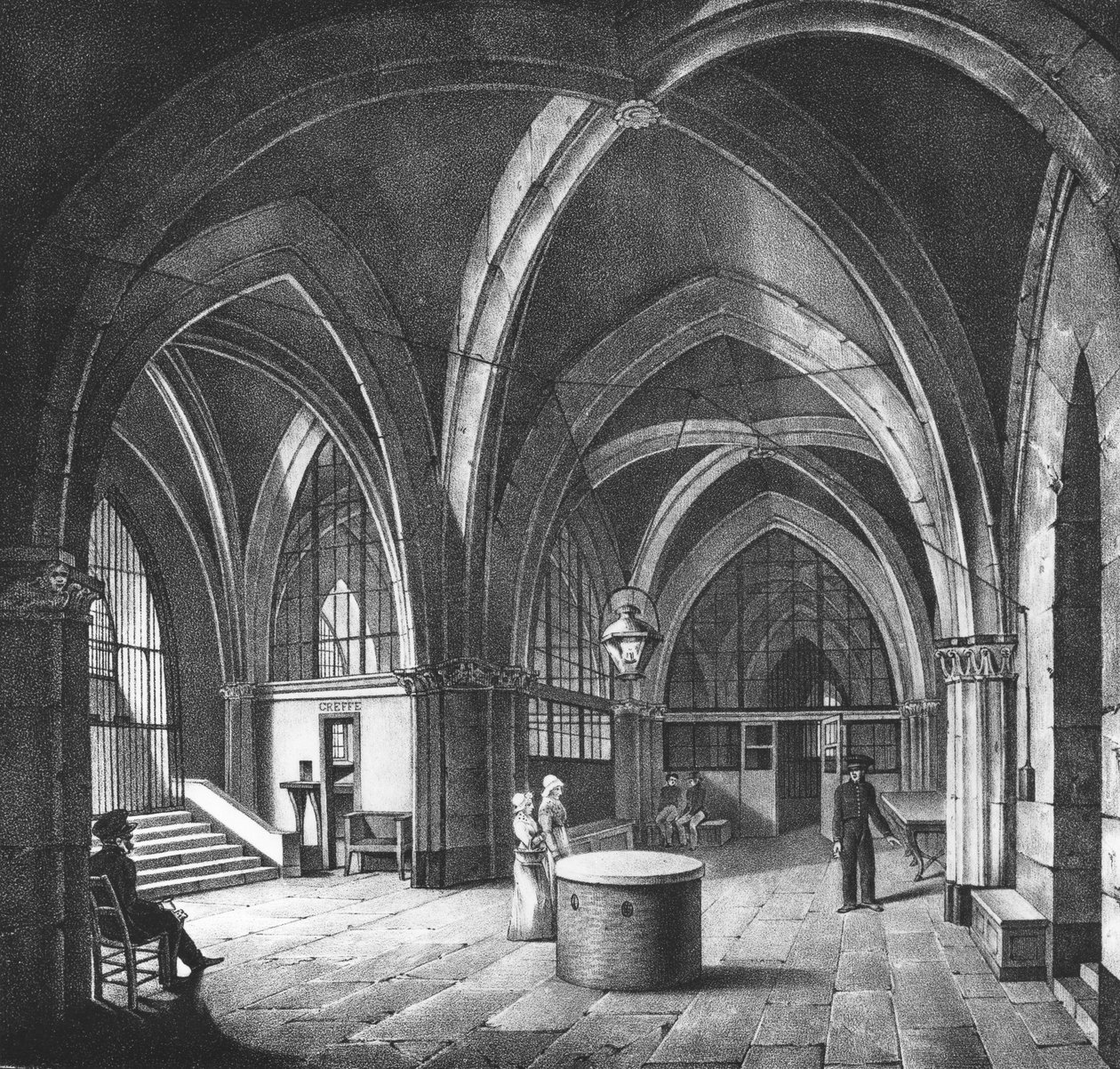 A Conciergerie börtön bejárati szobájának belső képe, metszett: Alphonse Urruty (1800-70) 1831 körül alkotó: Collard