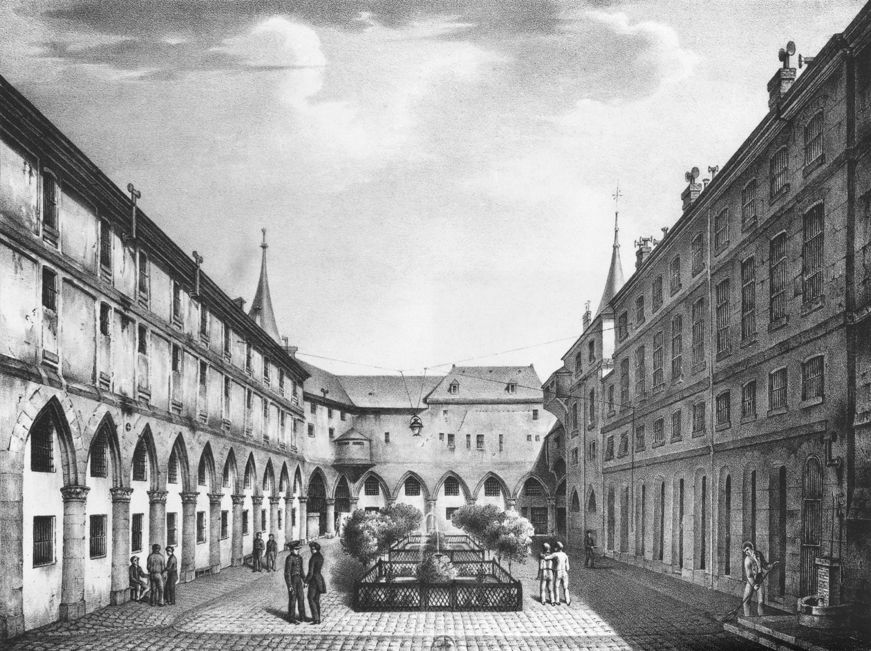 Kilátás a férfi udvarra a Conciergerie börtönben, metszett: Alphonse Urruty (1800-70) 1831 körül alkotó: Collard