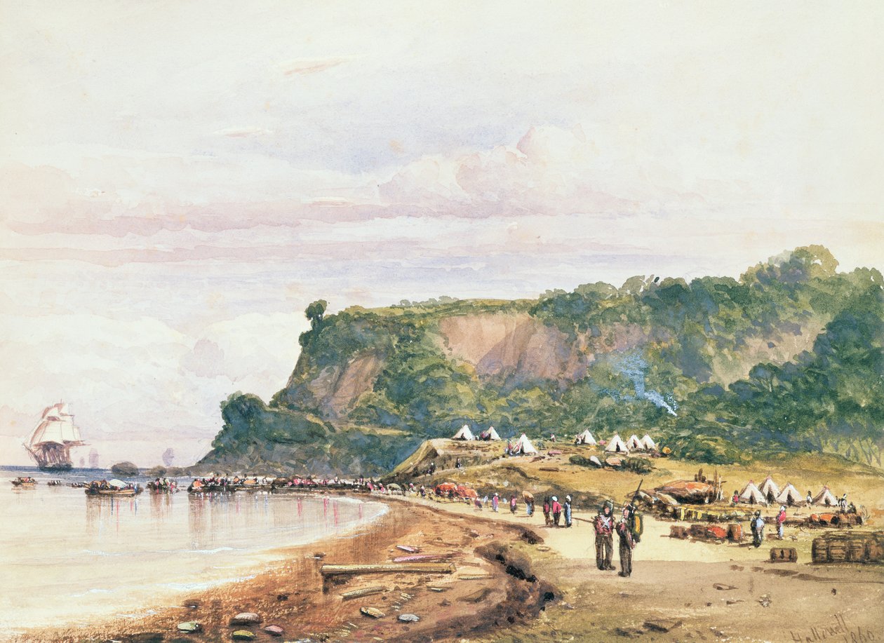 A brit és francia csapatok partraszállása Varuában a Fekete-tengeren H.M.S.Bellerophontól, 1854. július 17-én a krími háborúban (akvarell) alkotó: Colonel Ben Hallewell