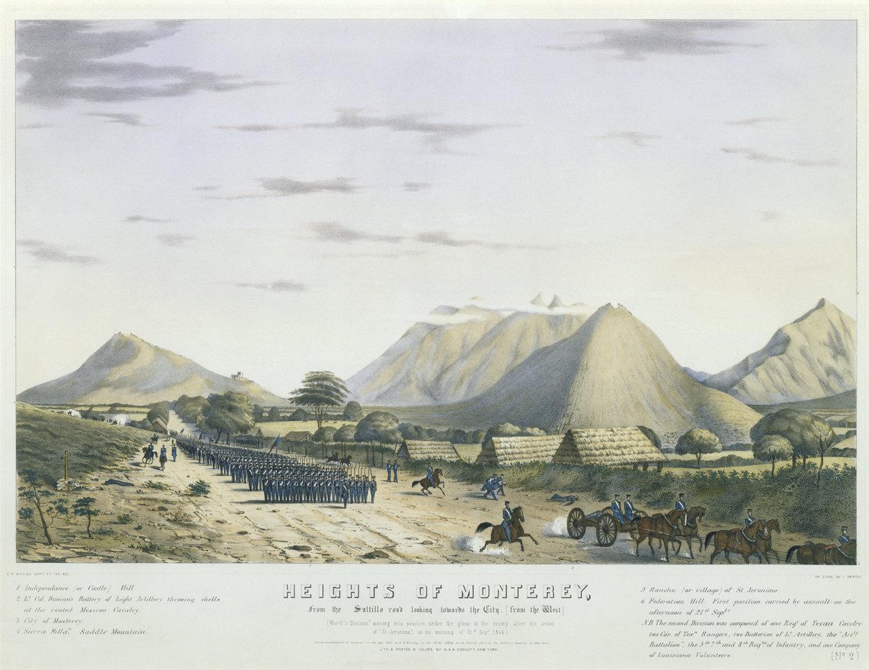 Monterey Heights, A Saltillo útról a város felé nézve, [Nyugat felől] [A Worth hadosztálya az ellenség fegyverei alatt helyezkedett el, "St. Jeronimo" akciója után, szeptember 21-én reggel. 1846]... [Sz. 2]. alkotó: Colonel Daniel (after) Whiting Powers