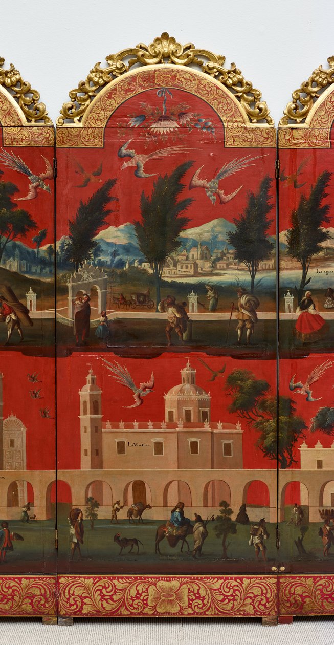 Biombo with Views of Mexico City (olaj, vörös maki-e lakk panelen, aranyozott fa foglalattal és vászon alátéttel) alkotó: Colonial Spanish