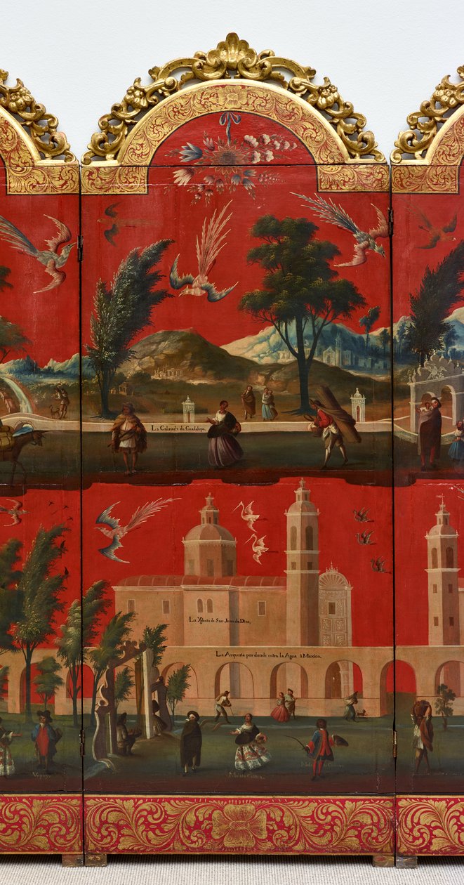 Biombo with Views of Mexico City (olaj, vörös maki-e lakk panelen, aranyozott fa foglalattal és vászon alátéttel) alkotó: Colonial Spanish