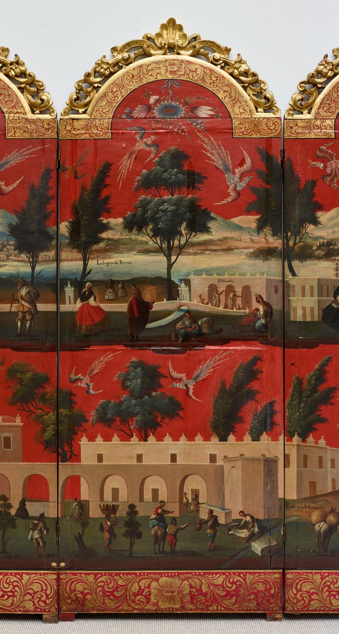 Biombo with Views of Mexico City (olaj, vörös maki-e lakk panelen, aranyozott fa foglalattal és vászon alátéttel) alkotó: Colonial Spanish
