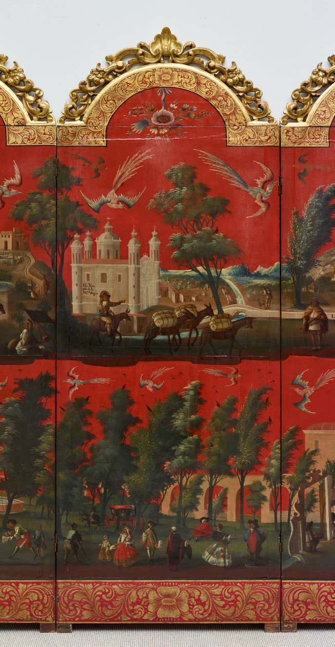 Biombo with Views of Mexico City (olaj, vörös maki-e lakk panelen, aranyozott fa foglalattal és vászon alátéttel) alkotó: Colonial Spanish
