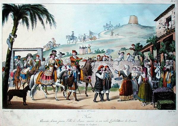 Esküvői körmenet Olaszországban, a Cagliari régióban, Bezard metszete 1825 (színes litó) alkotó: Cominotti Cominotti