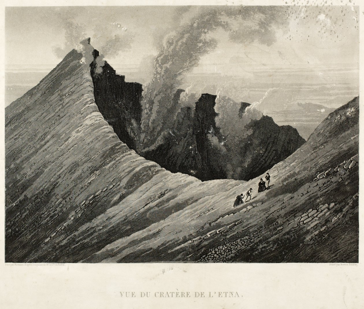 Kilátás az Etna kráterére, Newton Fielding (1799-1856) metszete (akvatinta) alkotó: Comte de Forbin