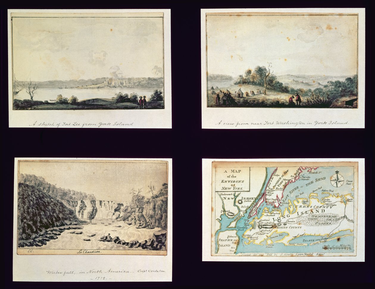 Észak-amerikai jelenetek és New York térképe, 1772 körül alkotó: Conleton
