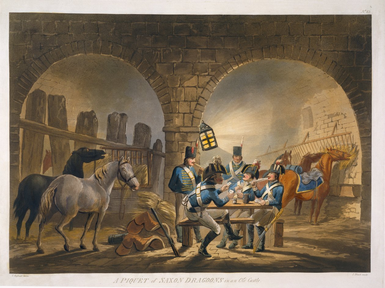 Szász dragonyos piquet egy régi kastélyban, a "Military Evolutions" kocsmából. Ackermann, London, 1799-1802 alkotó: Conrad Gessner