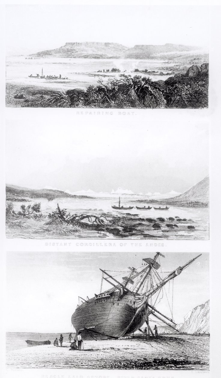 Thomas Landseer (1795-1880) metszetében látható jelenetek a „Beagle” javításáról az Andok távoli kordilleráján, és a Santa Cruz folyón partra fektetve alkotó: Conrad Martens