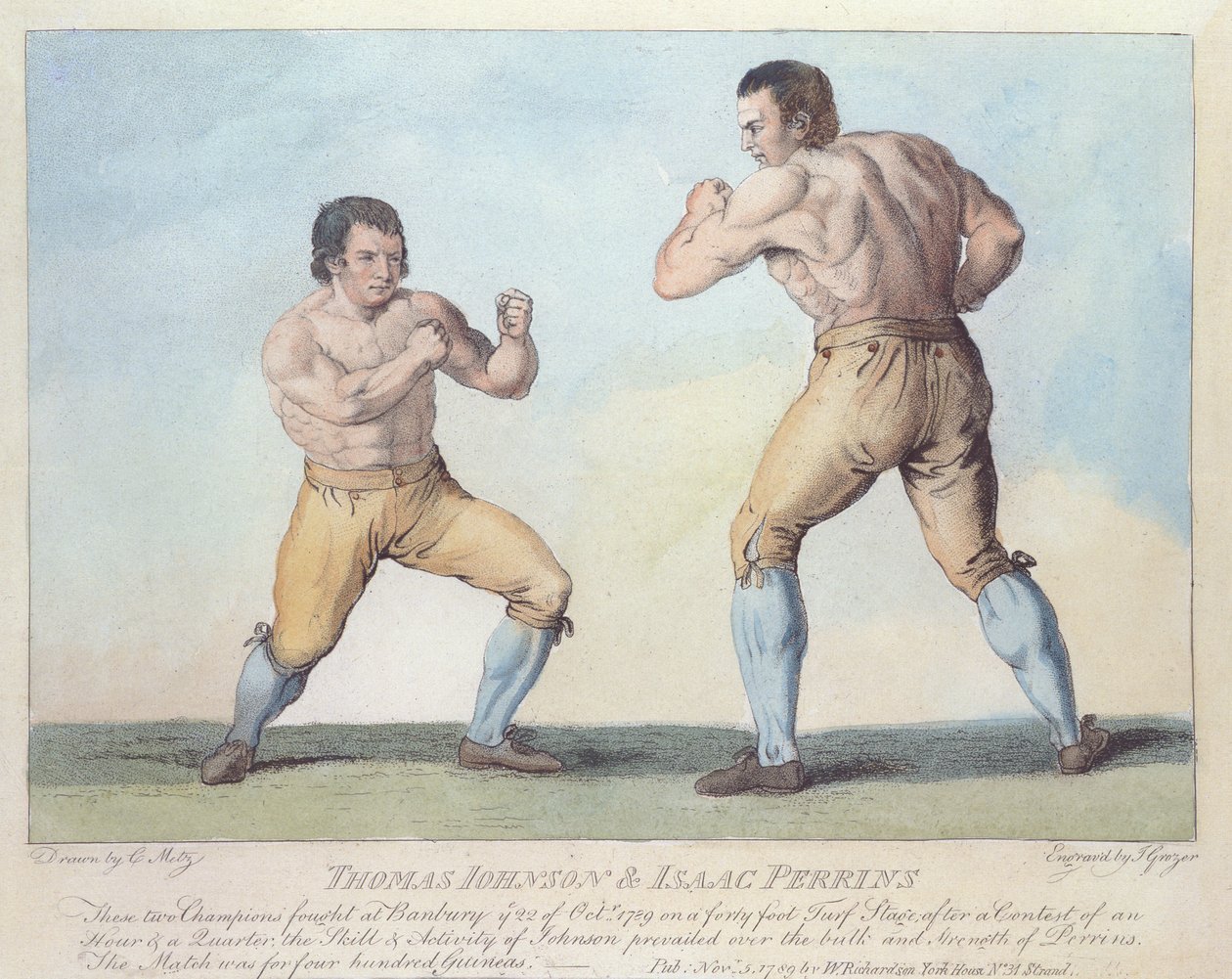 Thomas Johnson és Isaac Perrins bokszmérkőzése, metszet: T. Grozer, 1789 alkotó: Conrad Martin Metz