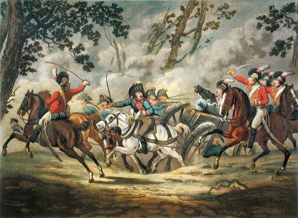 English Light Horse Attacking French Artillery, a "Military Evolutions"-ból, Merke metszete, 1800-ban megjelent (kézzel színezett akvatinta) alkotó: Conrad (after) Gessner